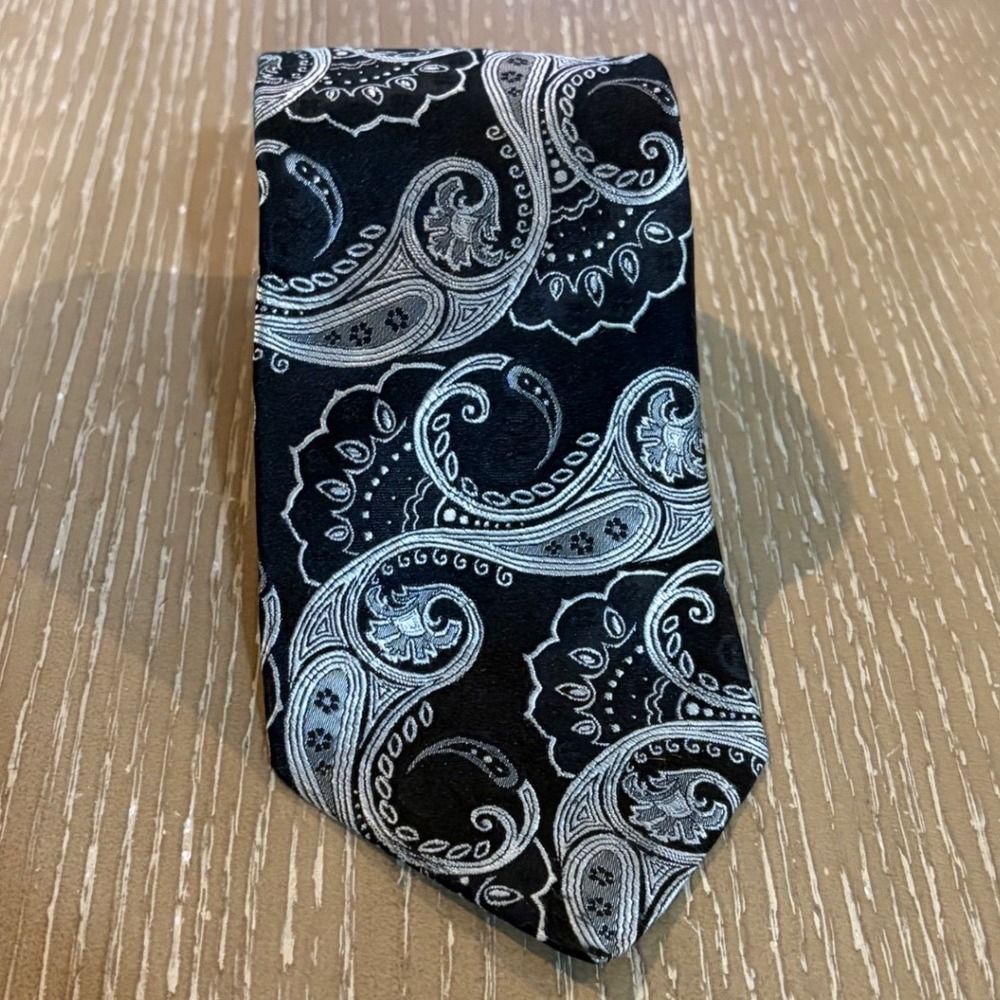 Murano Mens Silk Tie Black Silver Paisley Jacquard Formal Wedding Necktie
